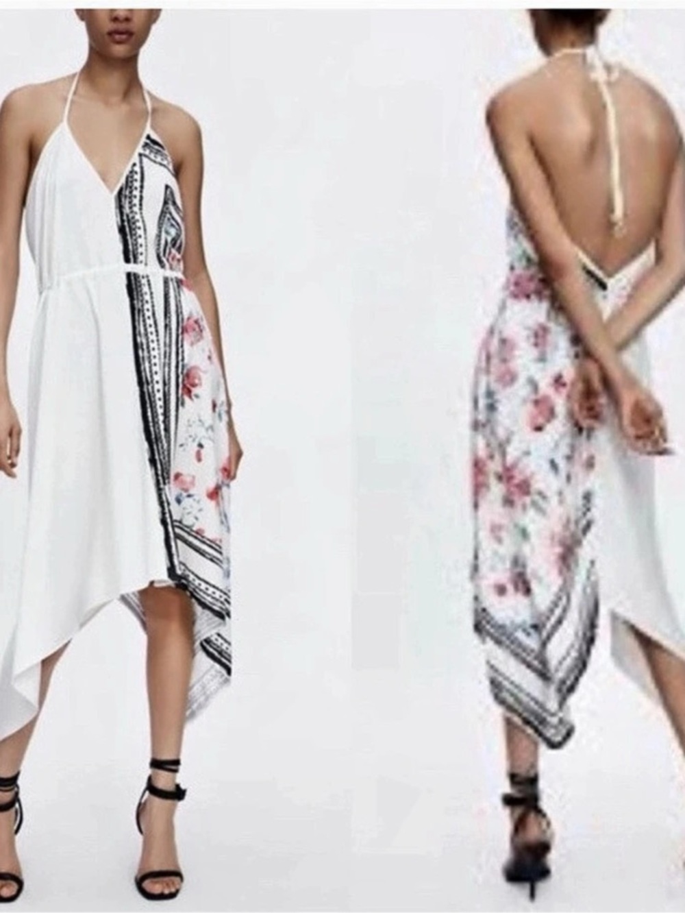 NWT 🌷 ZARA Halter Scarf Print Midi Dress Floral Asymmetrical White & Pink size L